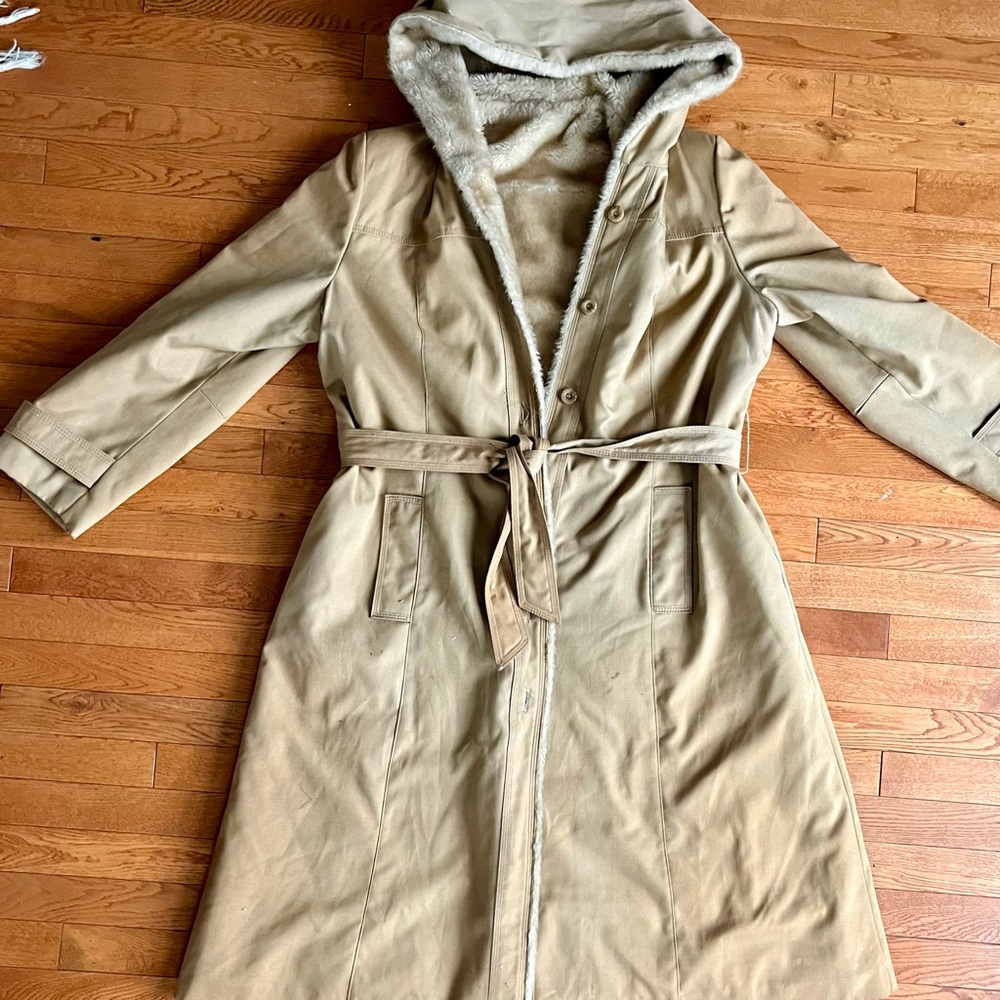 Women's Tan Vintage 70s Bonders faux fur-lined full length coat w/ hood
